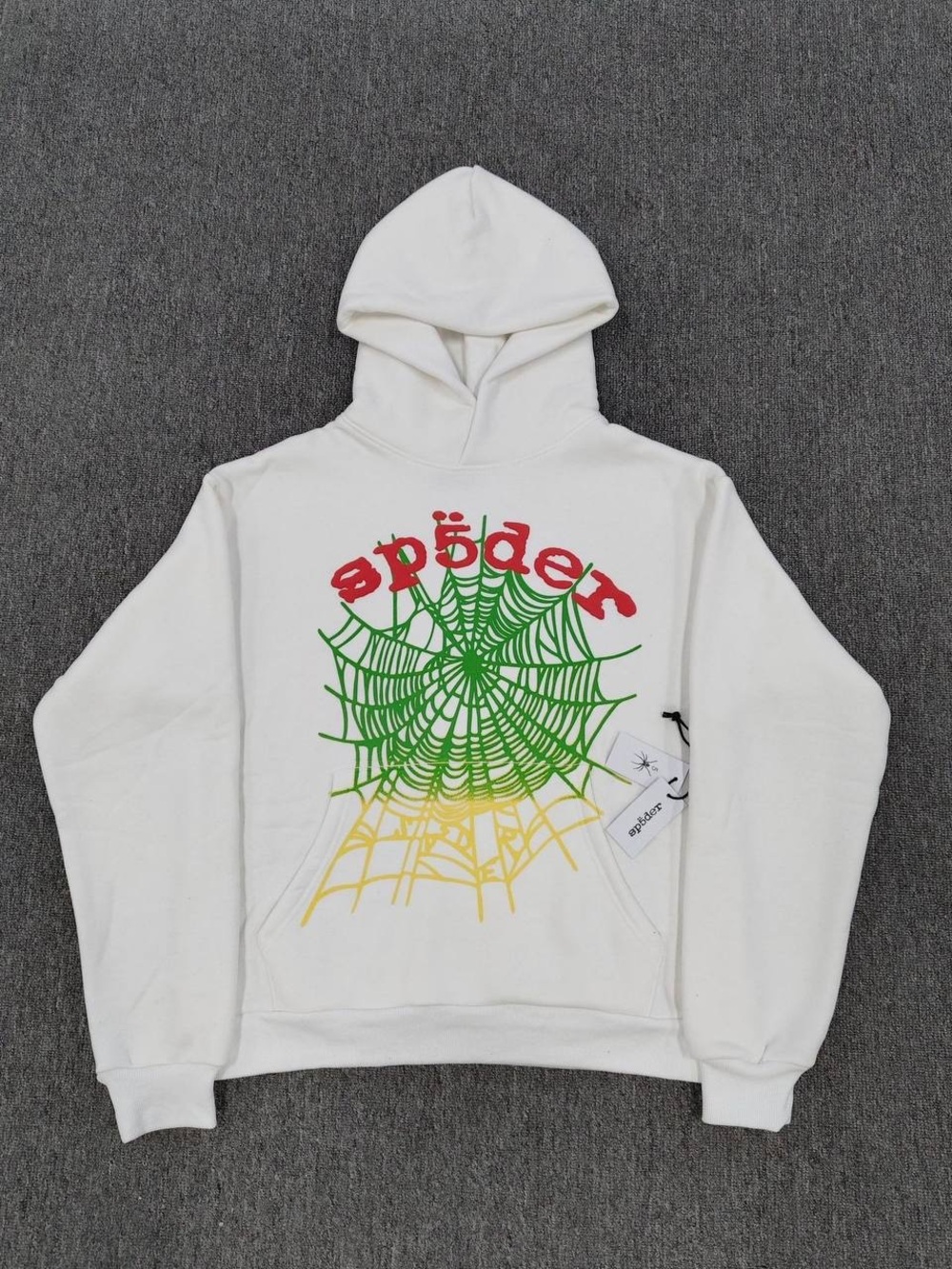 White Spöder Crewneck Sweatshirt with Red Logo & Green-Yellow Web